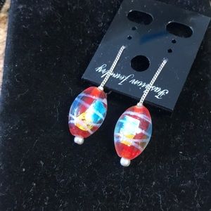 Handmade glass bead earrings for pierced ears on a silver thread